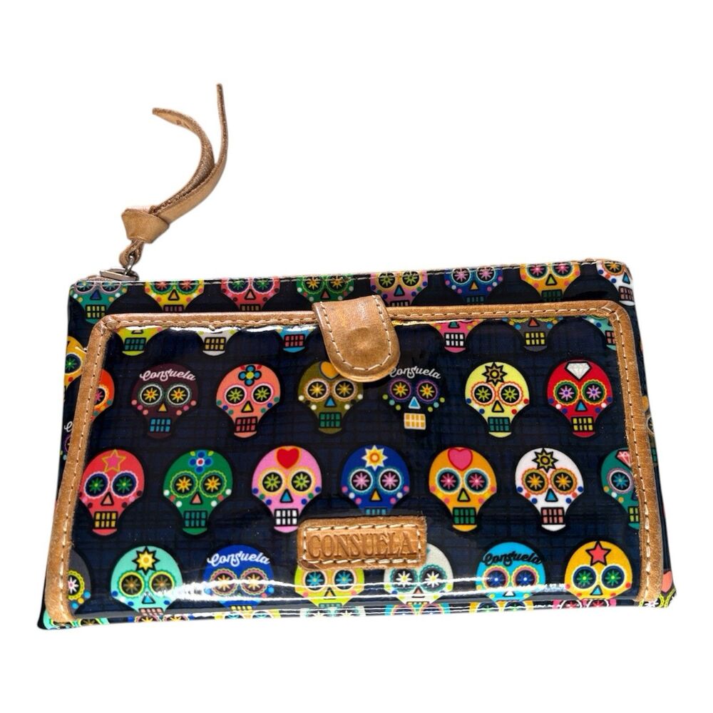Consuela Slim Wallet Sugar Skulls in Black, Gently Used 7.25"x4.5"